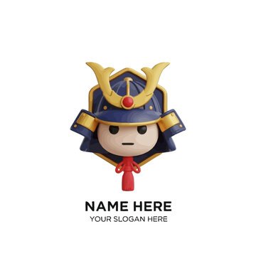A cartoon samurai character wears a blue and gold helmet with a red jewel and bowtie on a white background with 444 VIDEO.ai reference