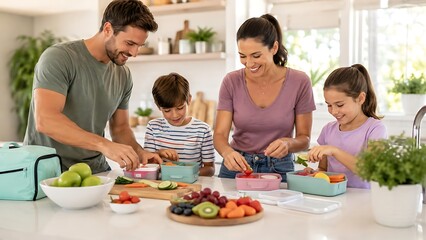 Naklejka premium Happy Family Preparing Healthy Lunch Boxes Together in a Bright Kitchen.