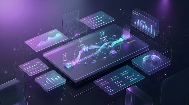 Futuristic Business Data Dashboard with Workflow Management Process and Analytics Visualization in Purple Neon 3D Style.