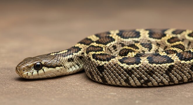 Close-up portrait of a patterned prairie rattlesnake.