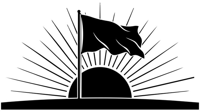 Black silhouette flag waving at sunrise over mountain peak isolated on transparent background, Vector