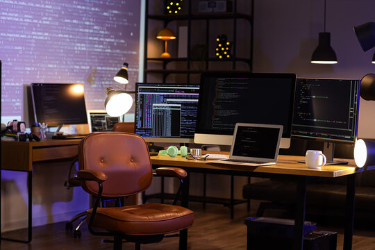 Interior of dark office with programmer's workplace and glowing lamps