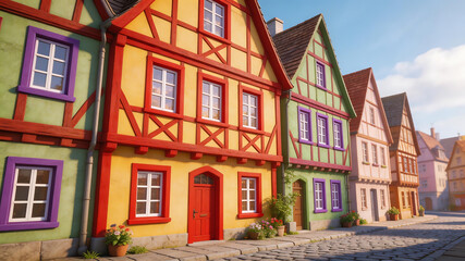 Fototapeta premium Colorful halftimbered houses on cobblestone street perfect for scenic backgrounds and natural storytelling