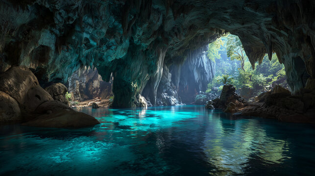 photo-realistic limestone cave hidden deep inside tropical rainforest, sunlight beams illuminating turquoise underground pools, cinematic exploration photography, ultra detailed cave textures.
