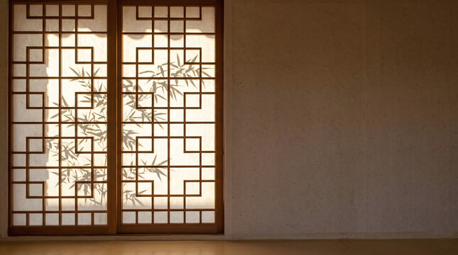 Minimalist traditional Korean lattice door background with copy space