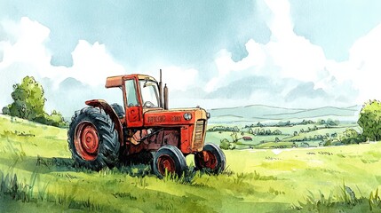 Fototapeta premium A vintage red tractor stands on a grassy hillside under a partly cloudy sky with distant fields and trees in the background.