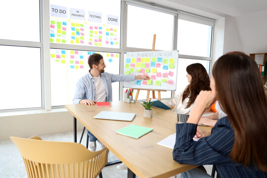 Agile team meeting in modern office with kanban board, sticky notes and project planning discussion during scrum collaboration session