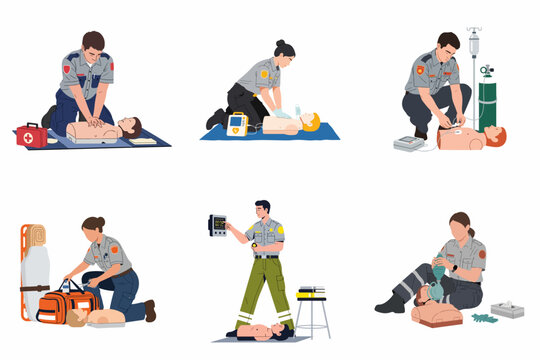 Emergency medical technicians and paramedics performing CPR and life-saving techniques on training mannequins in a set of flat vector illustrations.
