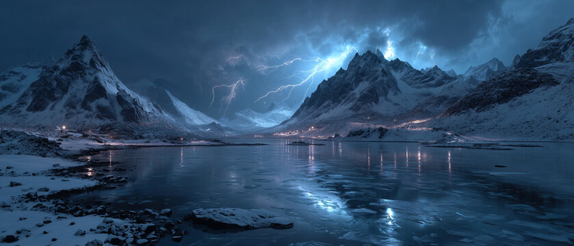 ultra realistic photography of a remote alpine ice lake surrounded by towering mountains during a thunderstorm, lightning reflecting on frozen water, cinematic dramatic atmosphere, hyper detailed text
