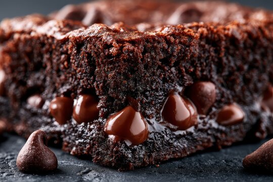 Fudgy chocolate brownie with decadent cocoa morsels in a macro studio close-up for gourmet bakery promotion