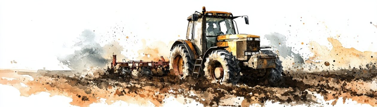 A watercolor-style painting of a tractor plowing a field, with earthy tones and splashes conveying motion and rural agriculture.