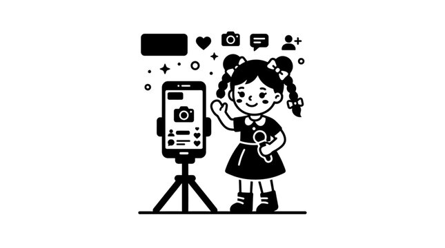Vector illustration of a toy doll recording a live video stream using a phone on a stand