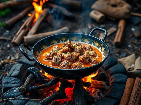 Savory mutton karahi curry simmering in an iron wok over a rustic campfire setup, mutton karahi curry, slow cooking