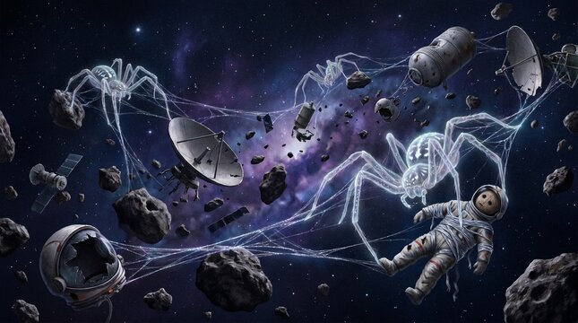 Deep space salvage yard operated by spiders
