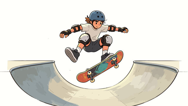Charming cartoon-style young skateboarder performing an airborne trick above a concrete half-pipe, wearing full protective gear against a clean bright minimalist white background