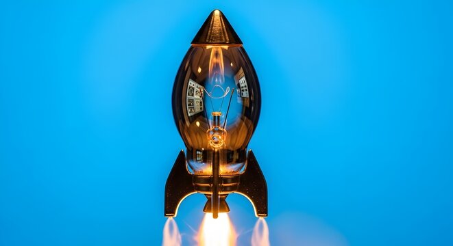 Rocket ship light bulb launching with fiery exhaust