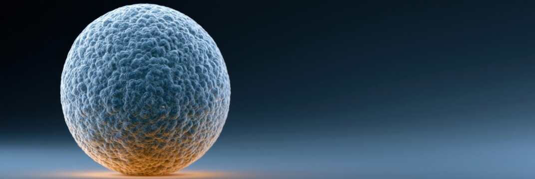 Human ovum egg cell under scientific microscopy style render shows intricate zona pellucida surface with detailed protein structure.