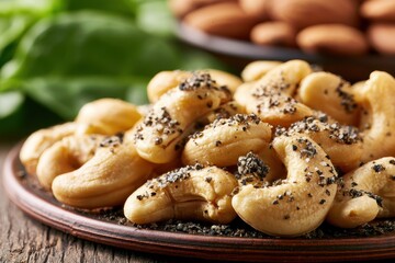 Naklejka premium Roasted cashew snacks seasoned with black pepper on a ceramic plate in natural lighting macro shot for gourmet food marketing