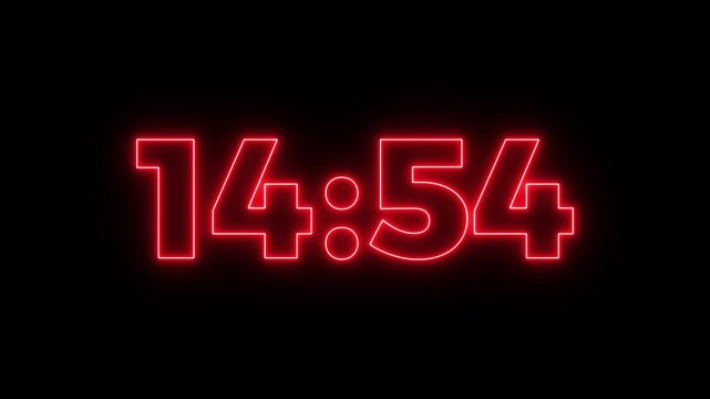 Abstract glowing red neon 15 minutes to 14 minute countdown. Fifteen minute to fourteen minute countdown timer animation on transparent background with alpha channel. Glowing 4K countdown animation.