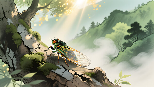 Summer cicada singing on old mossy tree root oriental ink nature background