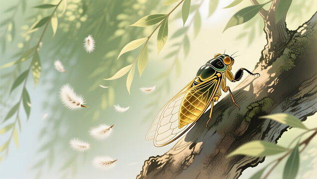 Summer cicada molting on tree branch traditional oriental nature background