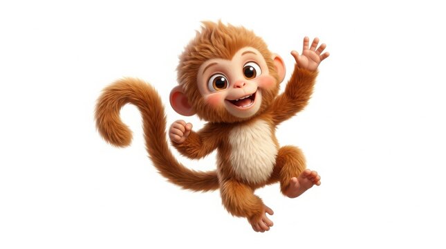 Cute cartoon baby monkey character jumping with tail curled white background digital art 3D render cute animal character friendly