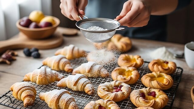 Hands serving freshly baked cinnamon rolls on tray.