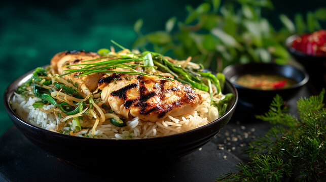 Grilled chicken and rice bowl with scallions asian style food
