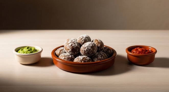 Delicious Papas Arrugadas with Mojo Sauces on a Table.