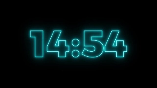 Abstract glowing blue neon 15 minutes to 14 minute countdown. Fifteen minute to fourteen minute countdown timer animation on transparent background with alpha channel. Glowing 4K countdown animation