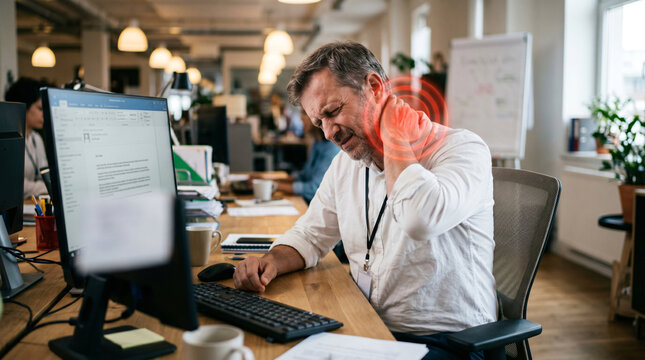 gray-haired businessman works in the office, has severe neck pain, experienced boss man works late at the computer