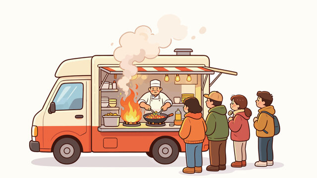 Cute warm flat line art illustration of customers queuing at a cozy orange and white stir-fry food truck, smiling chef cooking over open flame, rising steam, friendly casual street food scene