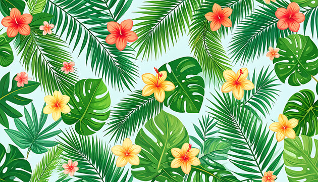 vibrant tropical floral pattern, lush green palm and monstera leaves, orange and yellow hibiscus flowers, exotic summer design, perfect for fabric and wallpaper