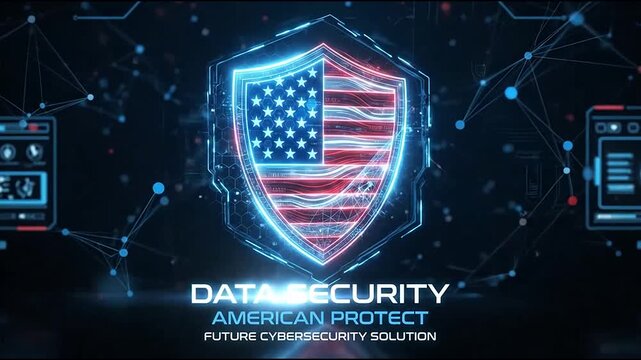 Glowing American flag shield emblem protecting digital data networks in this dynamic motion graphic animation for modern cybersecurity video footage