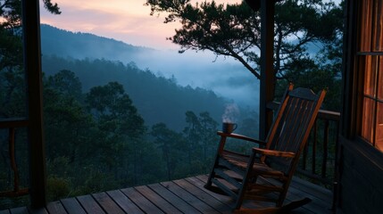 Wooden porch features a rocking chair and a steaming mug, set against a backdrop of misty mountains as dawn breaks.