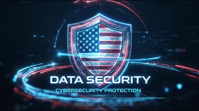 American flag shield emblem glowing in a digital motion background for cybersecurity data protection conceptual animation and network safety footage