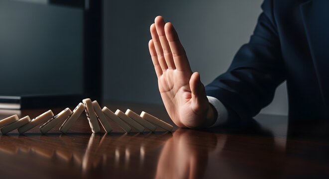 Businessman stops falling dominoes with his hand
