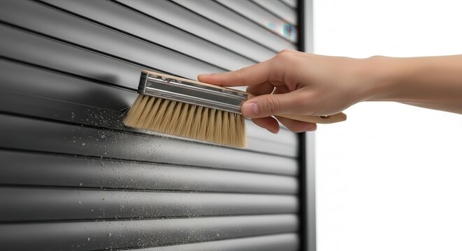 Hand holding a brush cleaning a black textured surface with horizontal lines.