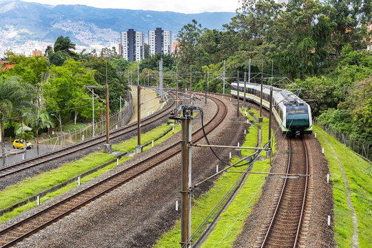 Medellin, Antioquia - Colombia. March 21, 2026. A Metro train traveling on Line B towards San Javier.