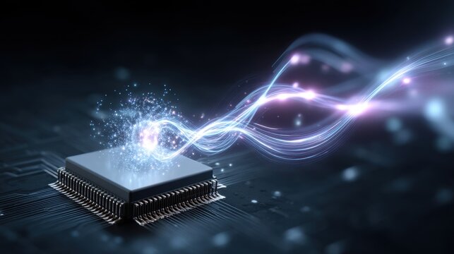 Quantum computing chip with neon data streams and particle trails digital environment concept art gigapixel detail