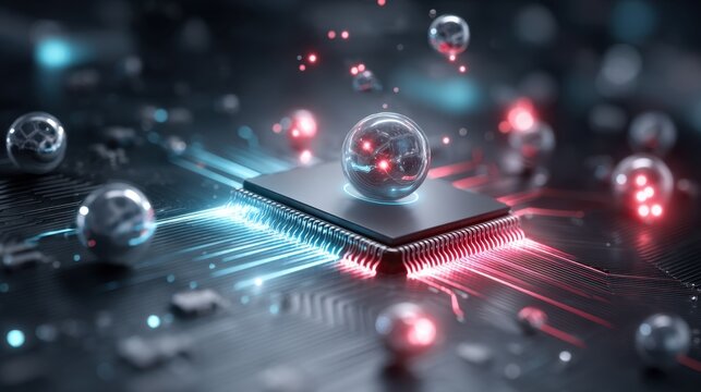 Quantum computer core with floating particles and neon circuits futuristic lab digital art high-tech environment close-up view innovation