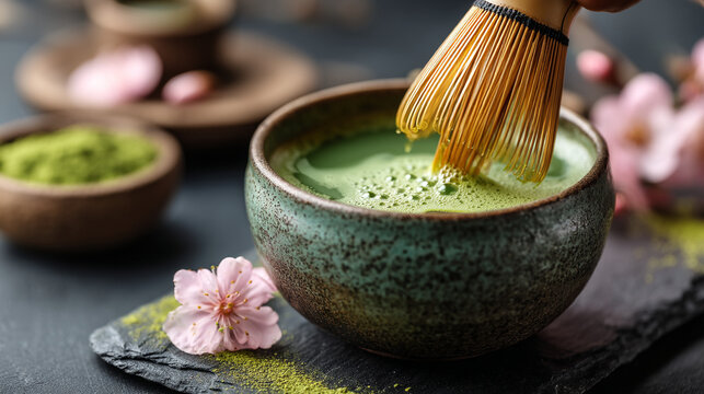 Whisking traditional japanese matcha green tea in a ceramic bowl with japanese ceremony beverage