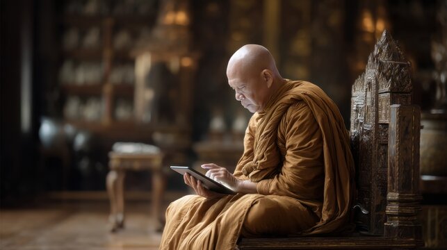 Thai monk engages in digital teachings at temple gigapixel content serene environment innovative viewpoint