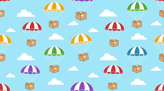 Parachute delivery boxes vector pattern sky clouds