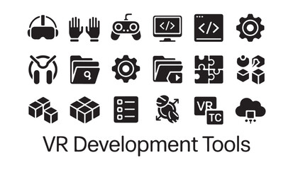 VR development tools and gaming icons for virtual reality and interactive experiences. © parul