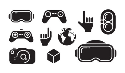 Collection of VR headset, camera, controller, hand and globe icons for digital media. © parul