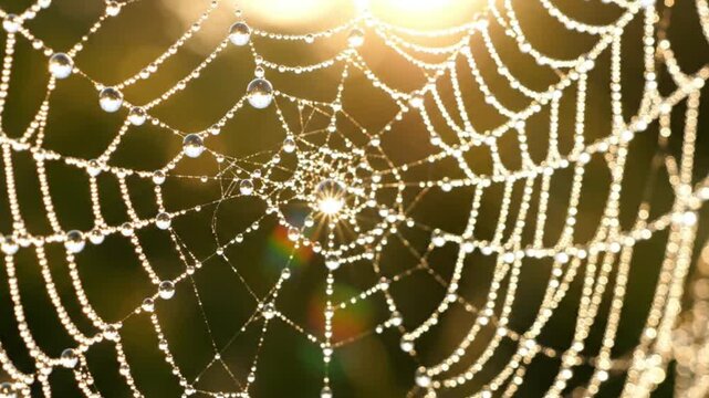 Dew drops on spider web illuminated by bright morning sun, macro photography