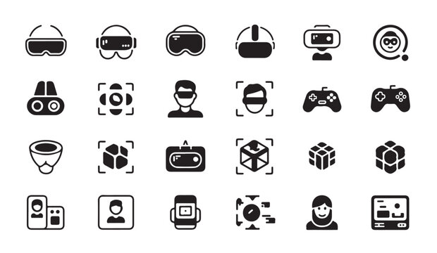 Virtual reality headset icons with AR glasses face scan game controller and person.