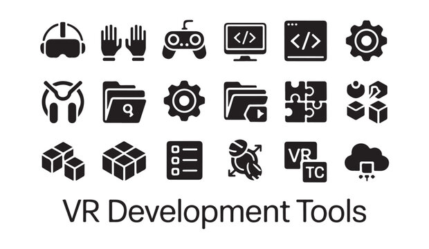 VR development tools and gaming icons for virtual reality and interactive experiences.
