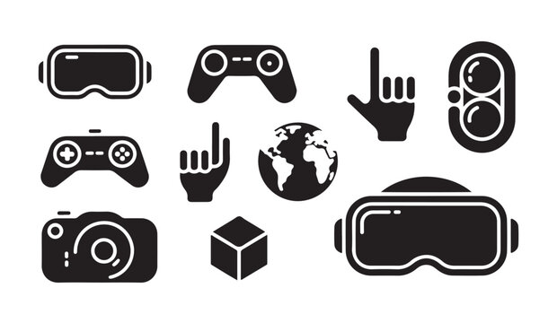 Collection of VR headset, camera, controller, hand and globe icons for digital media.